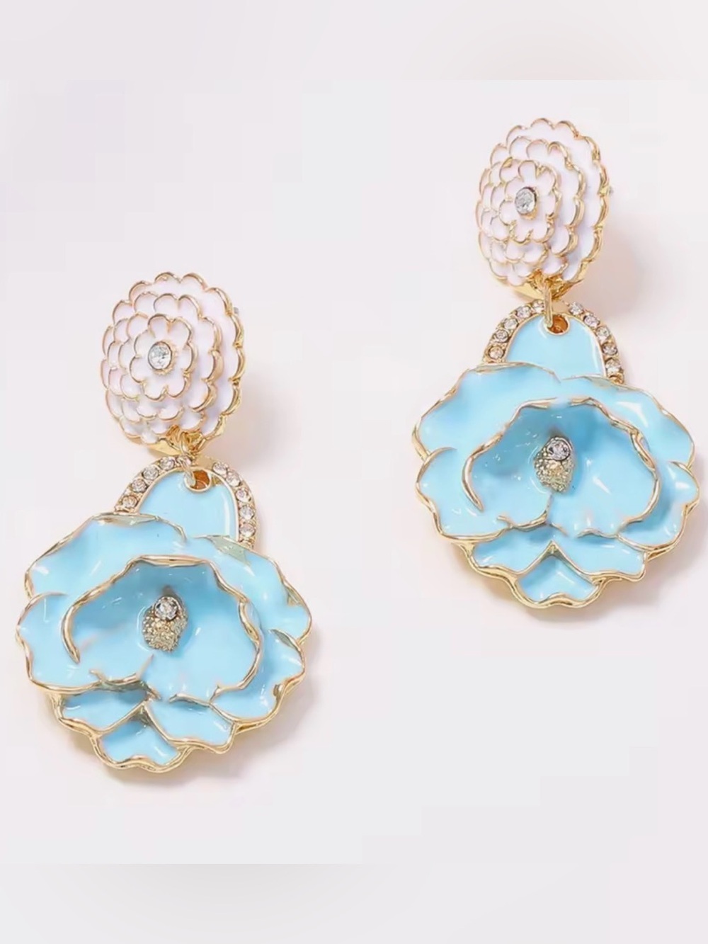 Blue Floral Enamel Statement Drop Earrings